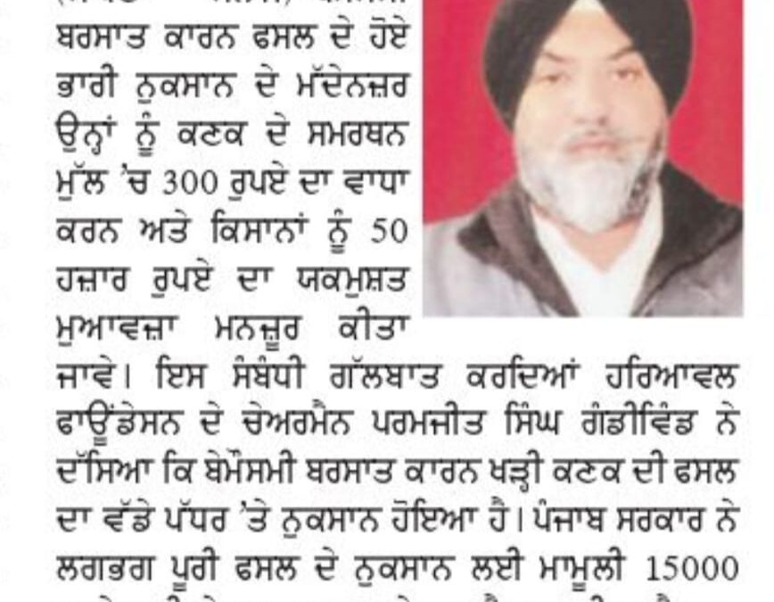 ਖਰਬ ਹੋਈ  ਫਸਲ ਦਾ 50 ਹਜਰ ਮੁਆਵਜਾ ਦਿੱਤਾ ਜਾਵੇ, ਪਰਮਜੀਤ ਸਿੰਘ।